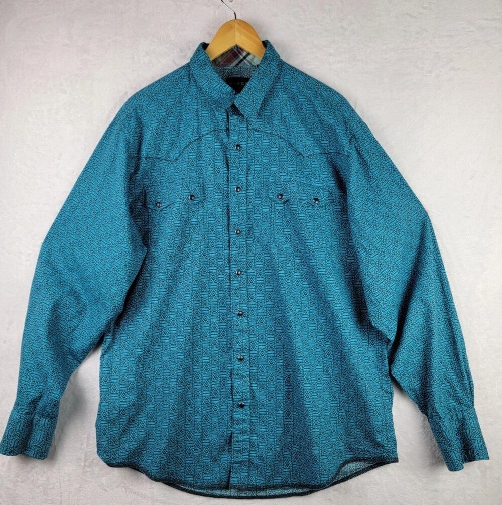 Roper Men Western Shirt Long Sleeve Snap Pocket Blue Black Rodeo Ranch Cowboy XL